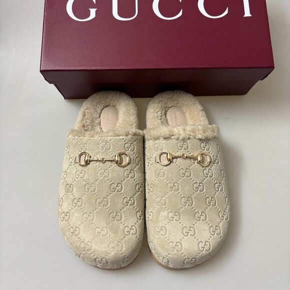 Gucci Shoes - Horsebit Gucci GG Suede Shearling Mules